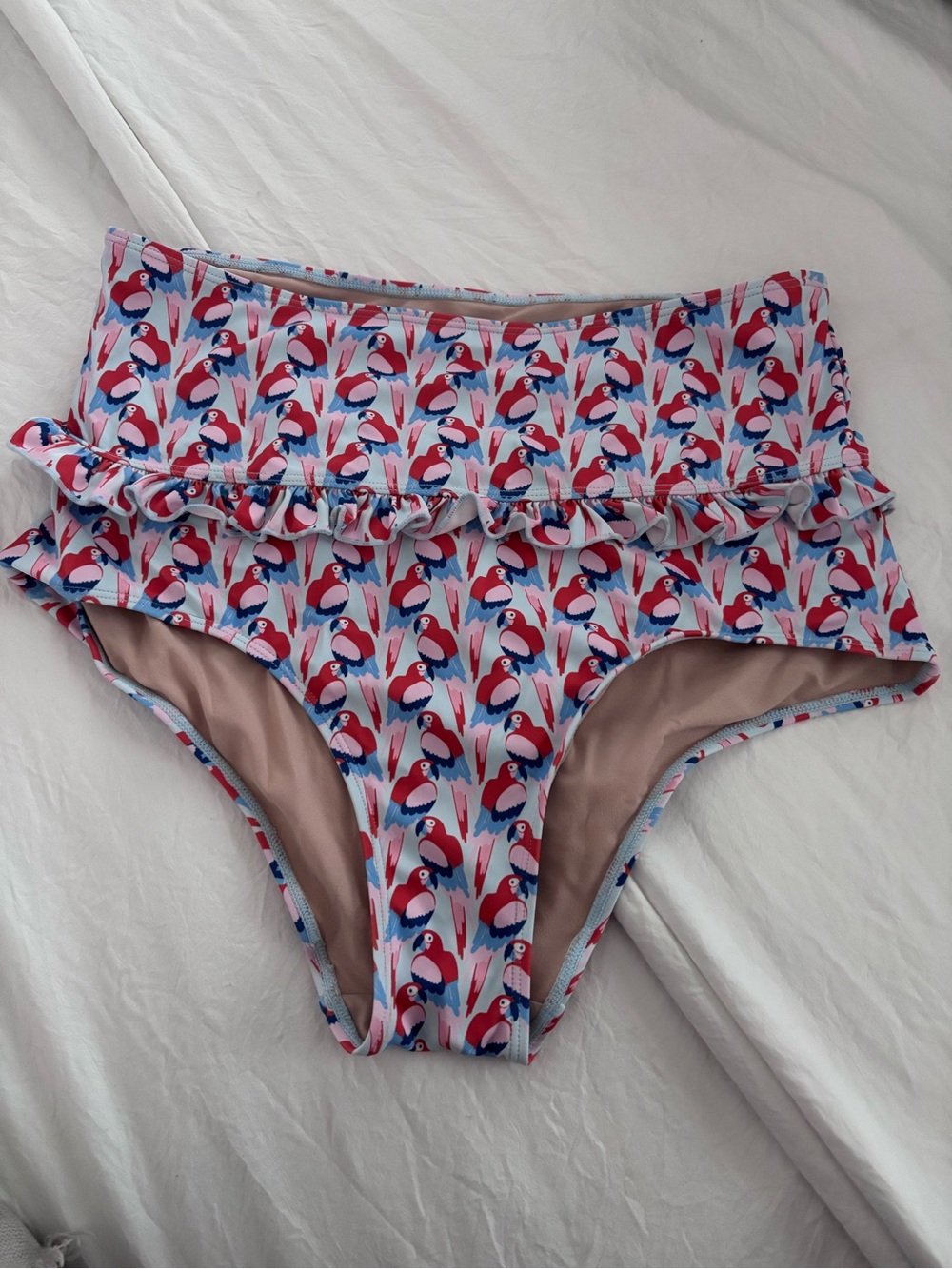 Kortni Jeane High-Waist Mid Ruffle Bikini Bottoms - Pink & Blue Parrot Print XL